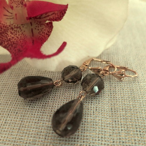 Eleganti auskari ar brūniem kristāliem, zelta pārklājums 24 karāti